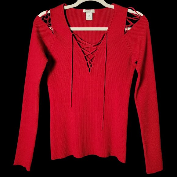Cache Womens Red Silk Blend Ribbed Lace Up Cold Shoulder Long Sleeve Top Medium - Picture 1 of 10